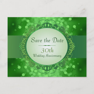 Grön Bokeh för smaragd spara den 30th årsdagen för Meddelande Vykort