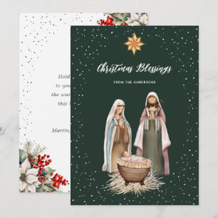 Grön botanisk julkort med kristen nativitetsscen