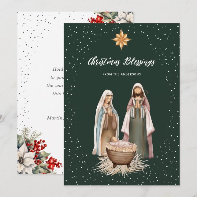 Grön botanisk julkort med kristen nativitetsscen (Fram/baksida)