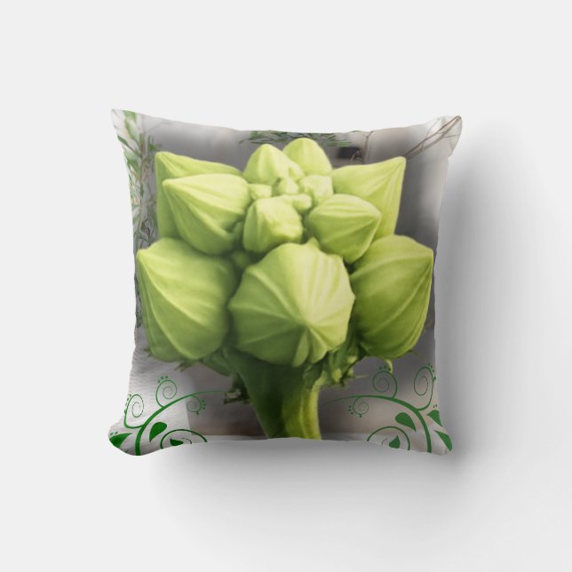 Grön botanisk pumpa blomknopp makro konst kudde (Framsida)