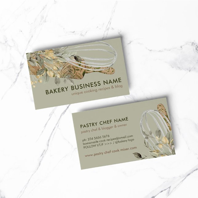 Grön Botanisk Stilig Kock Catering Tårtmakare Visitkort (BAKERY PASTRY CHEF COOK CAKE event planner business)