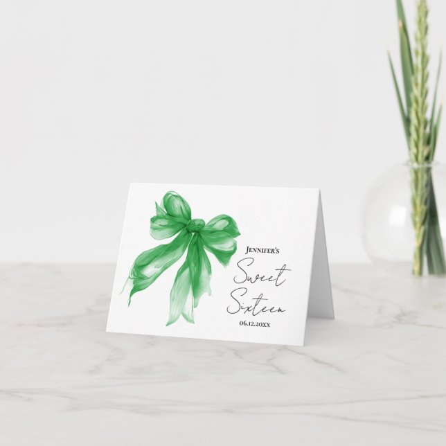 Grön Bow Coquette Script Sweet 16 Tack  Kort (Framsida)