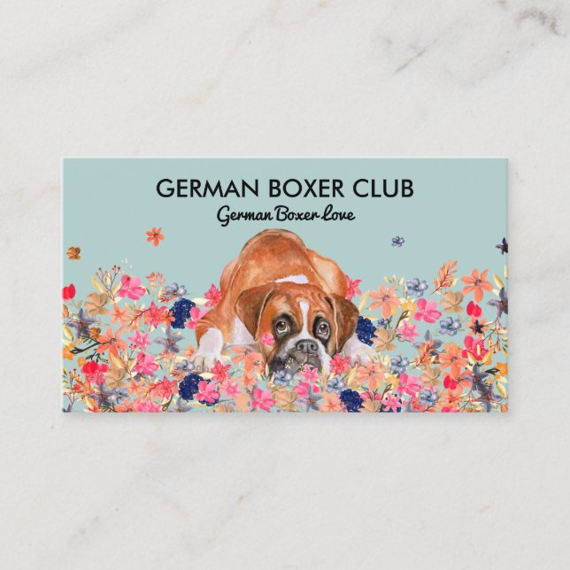 Grön boxerhund lydnadsskola akvarell valp visitkort (Framsida)