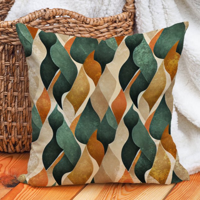 Grön Bränd Orange Brun Abstrakt Jordtoner Kudde (Emerald Green, burnt orange, and tan abstract decorator pillow)