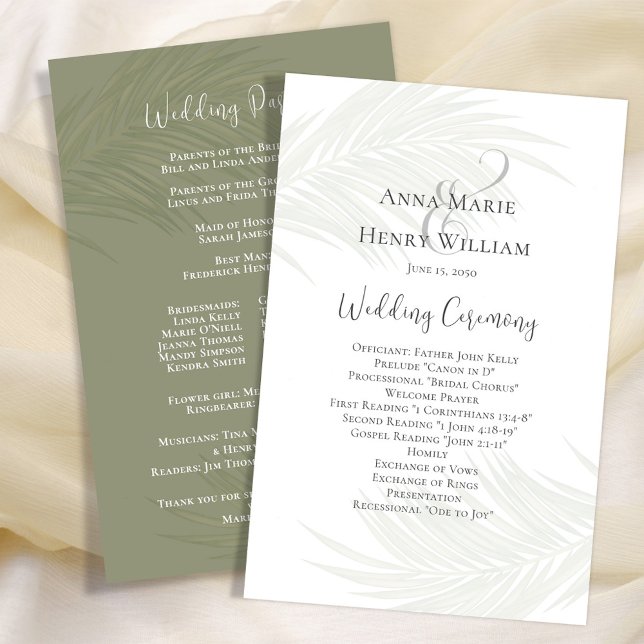 Grön bröllopsprogram Eleganta palmblad (Elegant Wedding Program template with tropical green palm leaves. )