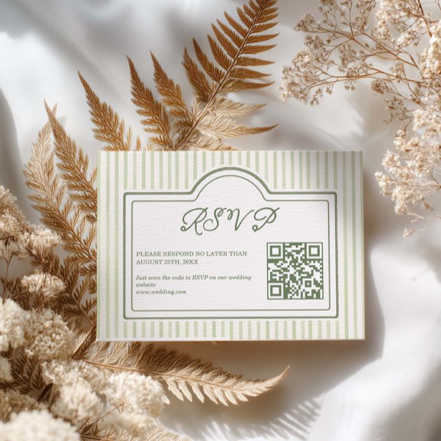 Grön Bröllopsrandig QR-kod RSVP-kort OSA Kort (Skapare uppladdad)