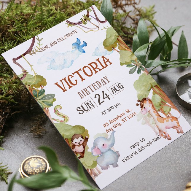 Grön Brun Akvarell Djungel Födelsedagsinbjudan Inbjudningar (Green Brown Watercolor Jungle Birthday Invitation)