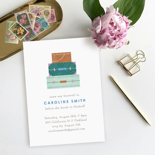 Grön Brun Blå Resväskor Avskedsfest Inbjudan (Skapare uppladdad)