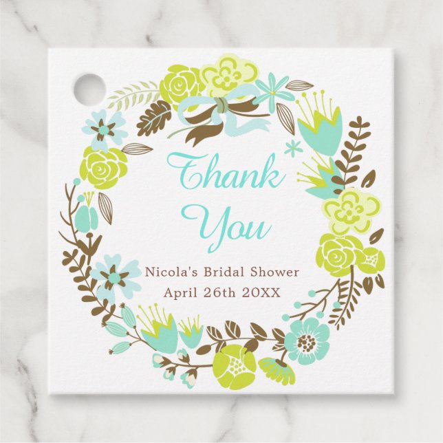 Grön & Brun blomsterkrans Bröllopsfest Gåvor Etiketter (Framsida)