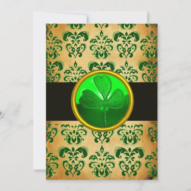 GRÖN BRUN DAMAST  PERGAMENT MED SHAMROCK  Svart Inbjudningar (Framsida)
