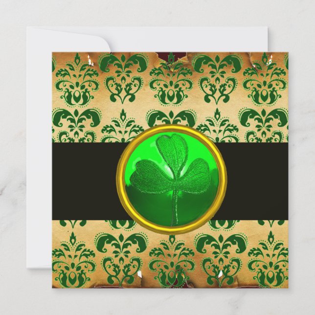GRÖN BRUN DAMAST PERGAMENT MED SHAMROCK, svart Inbjudningar (Framsida)
