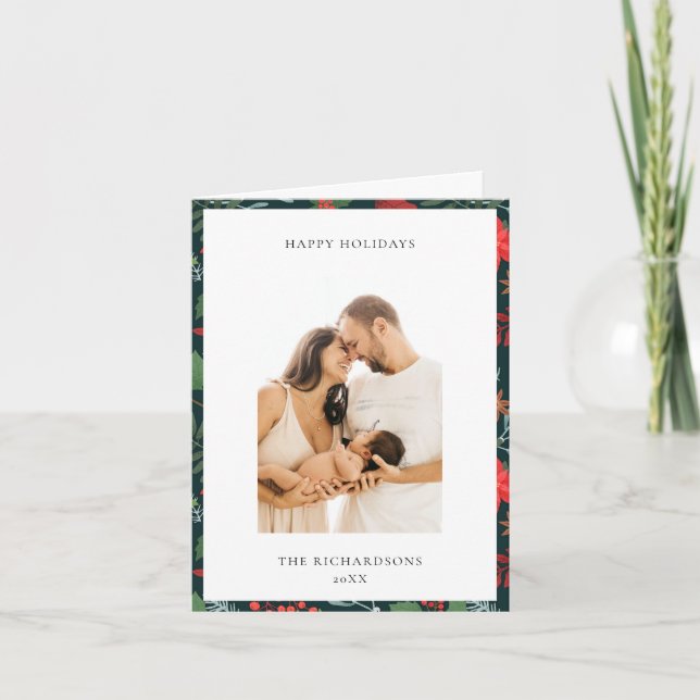 Grön Brun Jul Floral Mönster Foto Glad Helgkort (Framsida)