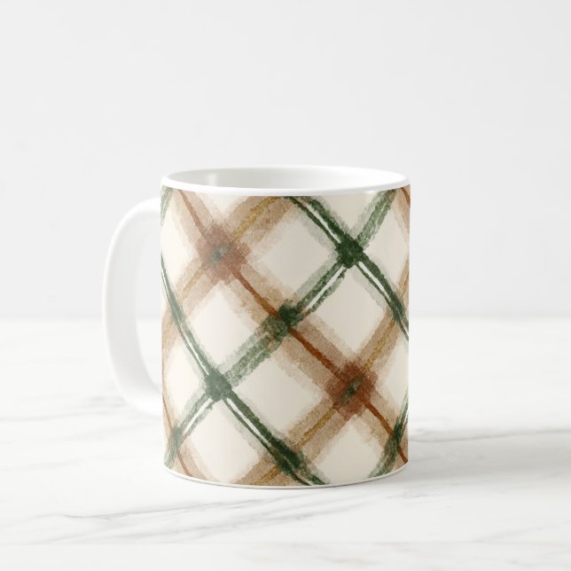 Grön Brun Kräm Karor Ränder Kaffemugg (Framsida vänster)