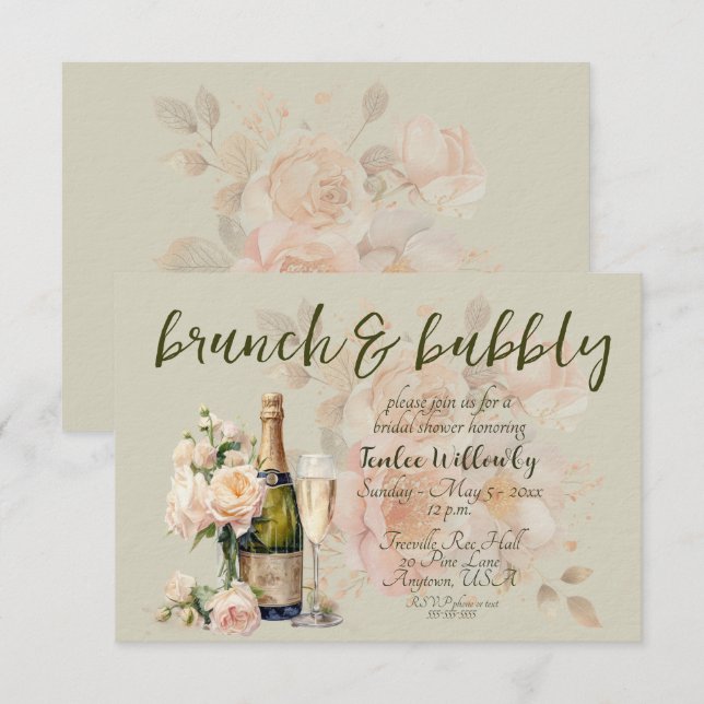 Grön Brunch & Bubbly Bröllopsdusch Inbjudningar (Fram/baksida)