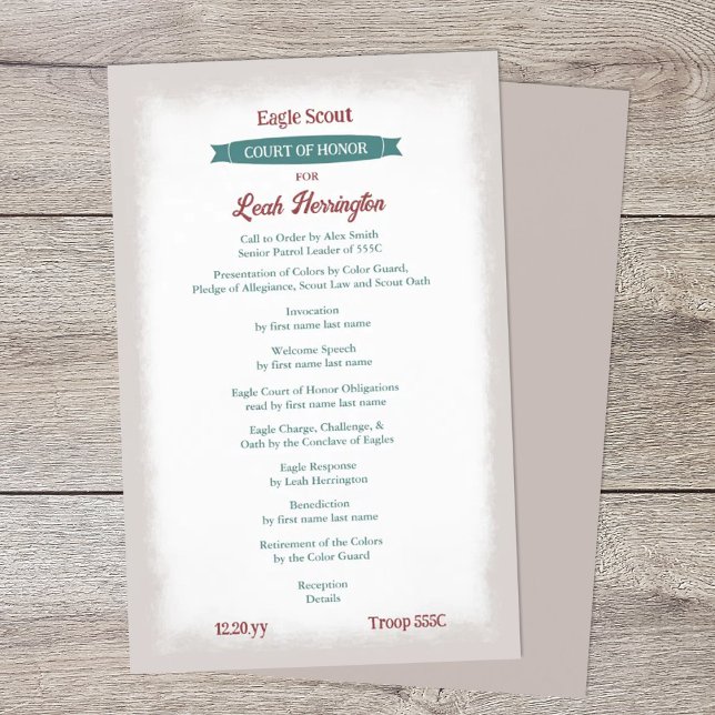 Grön & Burgunder Ärekänsla Program (teal green and burgundy eagle scout court of honor ceremony program)