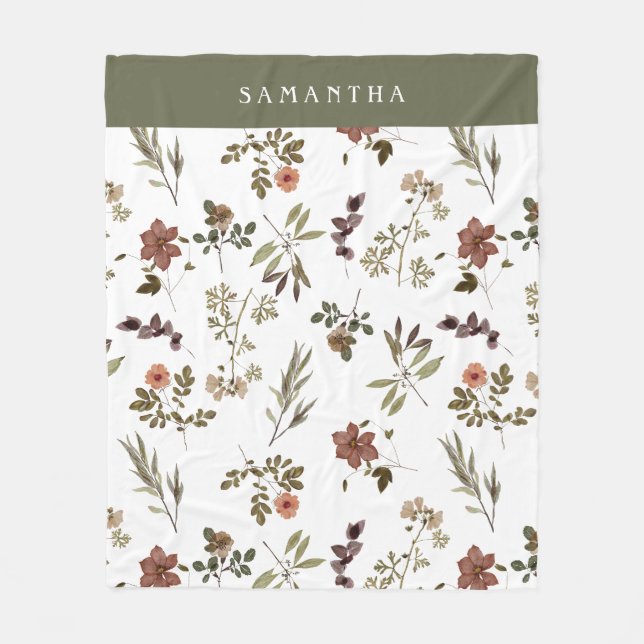 Grön burgunder vildblomma monogramnamn fleecefilt (Framsidan)