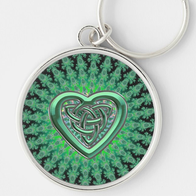 Grön Celtic hjärtafnurra Keychain för irländare Rund Silverfärgad Nyckelring (Framsidan)