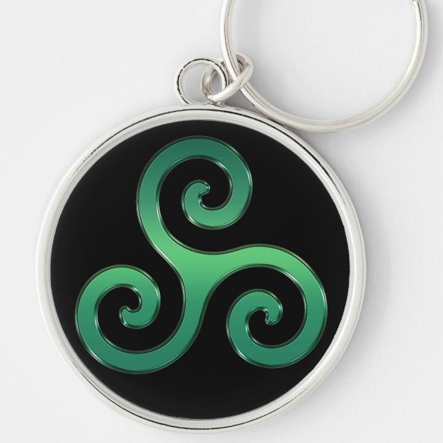 Grön Celtic Triskelion Keychain för irländare Rund Silverfärgad Nyckelring (Framsidan)