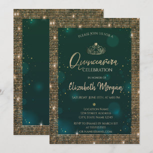 Grön Chic Guld Tiara, Paljetter Grön Quinceañera Inbjudningar