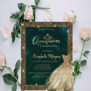 Grön chic guldklänning tiara, diamanter Quinceañer Inbjudningar