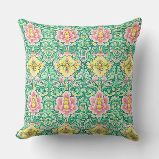 Grön Chinoiserie Lotus Blommig Platta Kudde