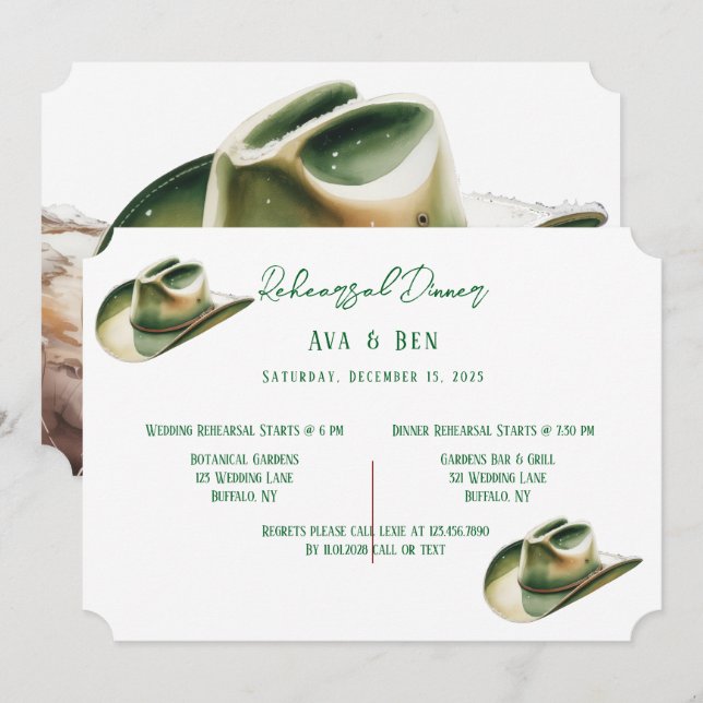 Grön cowboyhatt i snö Rehearsal Dinner Inbjudningar (Fram/baksida)