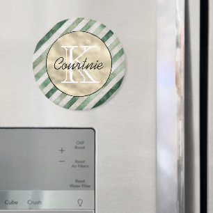 Grön Crème diagonala ränder Guldmonogram Magnet