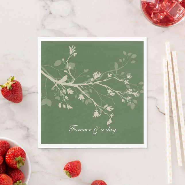 Grön Crème Fågel Grenar Blommig Bröllop Pappersservett (Insitu)