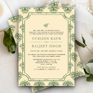 Grön Crème Ikat Anand Karaj Sikh Bröllop Inbjudningar