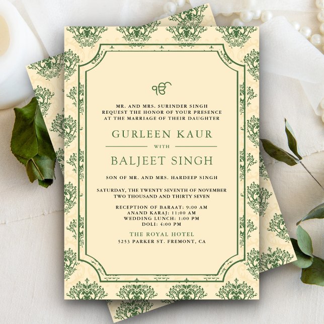 Grön Crème Ikat Anand Karaj Sikh Bröllop Inbjudningar (Skapare uppladdad)