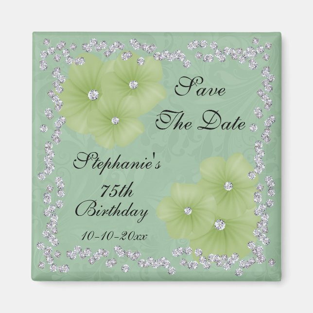 Grön Damask & Blommor 75-årsdag Magnet (Framsidan)