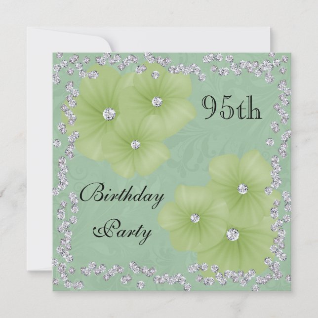 Grön Damask & Blommor 95-årsdag Inbjudningar (Framsida)