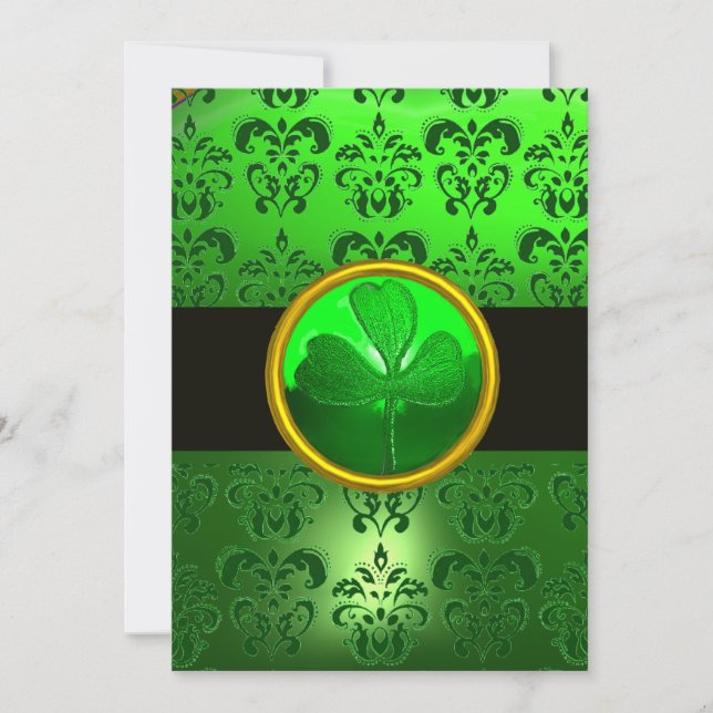 GRÖN DAMASK MED SHAMROCK ,svart Inbjudningar (Framsida)