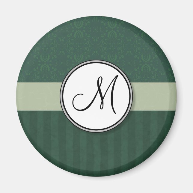 Grön damast för kricka med randar och monogramen magnet (Framsidan)
