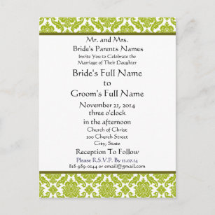 Grön damast för limefrukt på vitbröllopinbjudan inbjudan vykort