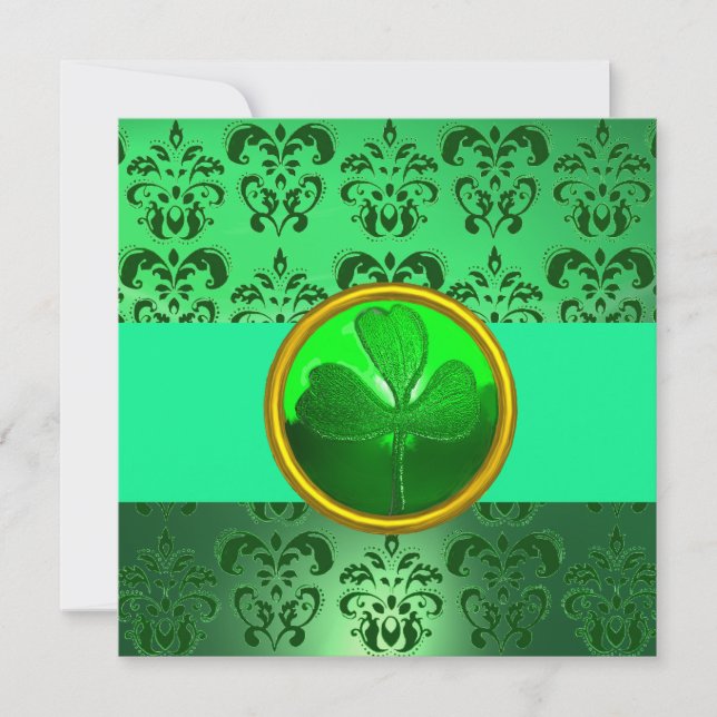 GRÖN DAMAST MED SHAMROCK, svart Guld Inbjudningar (Framsida)