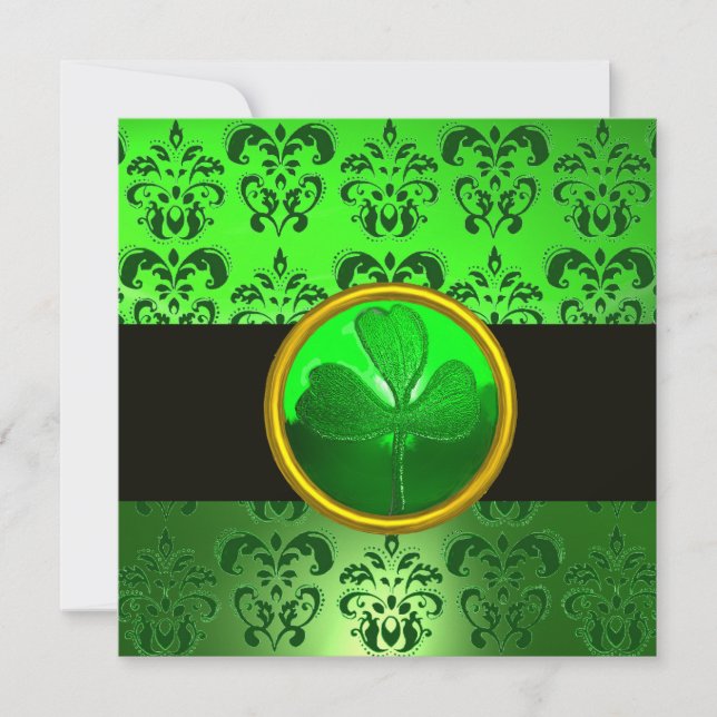 GRÖN DAMAST MED SHAMROCK ,svart Inbjudningar (Framsida)