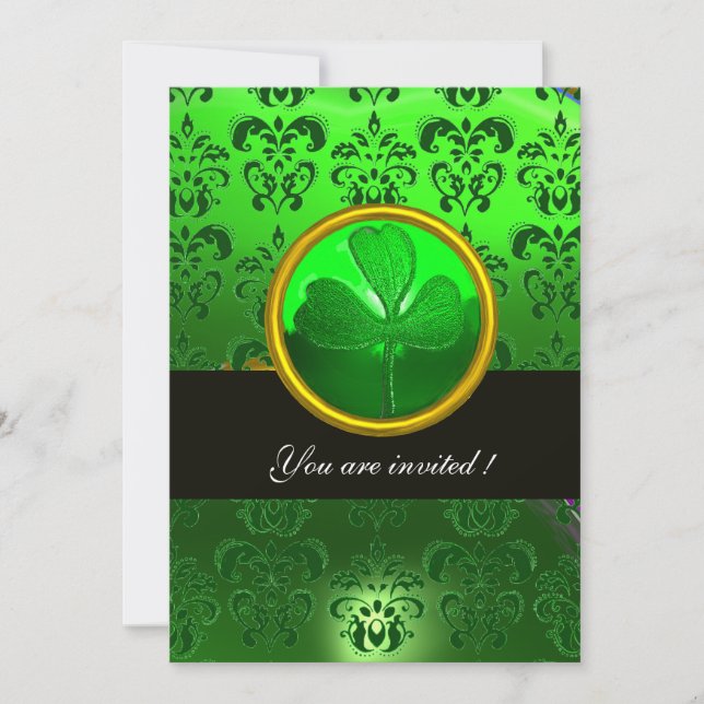 GRÖN DAMAST MED SHAMROCK,svart Inbjudningar (Framsida)