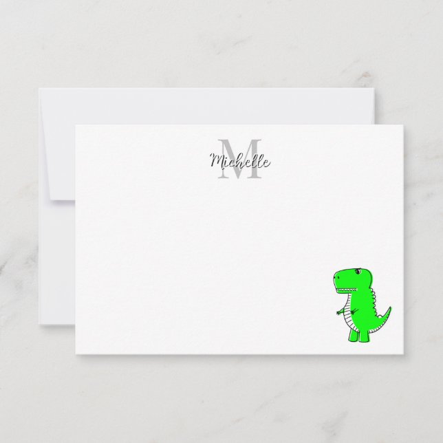 Grön dinosaur ritning Personlig monogram Anteckningskort (Framsida)