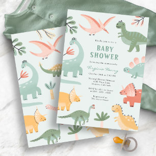 Grön dinosaurie baby shower inbjudningar