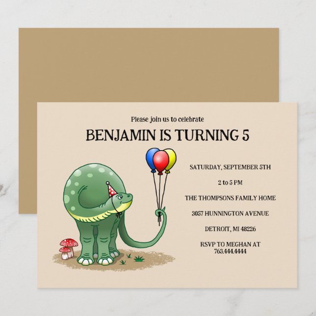 Grön dinosaurie som håller de färgglada ballongern inbjudningar (Fram/baksida)