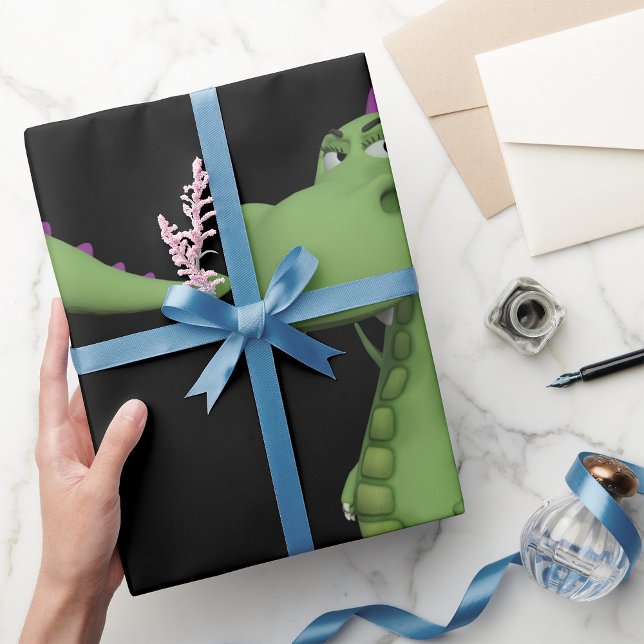 Grön dinosauriefigur med lila piggar presentpapper (Skapare uppladdad)