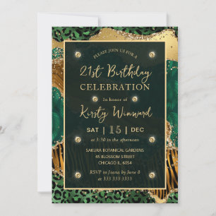 Grön Djungel Safari Glitter Agat 21-årsdag Inbjudningar
