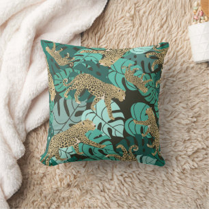 Grön djungelleopard och tropiska Monstera-lövar Kudde