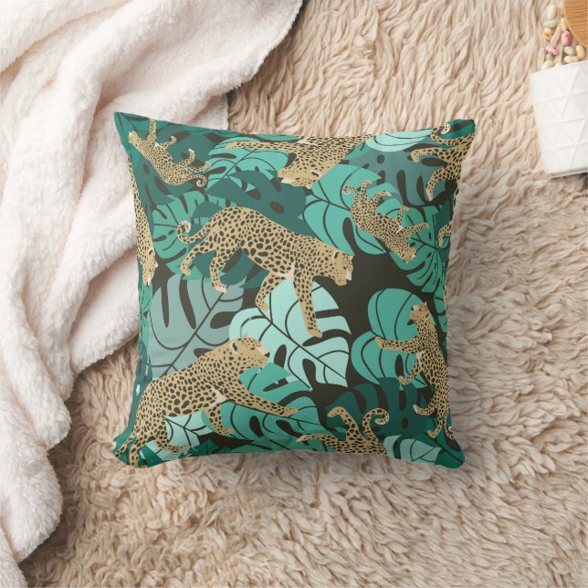 Grön djungelleopard och tropiska Monstera-lövar Kudde (Filt)
