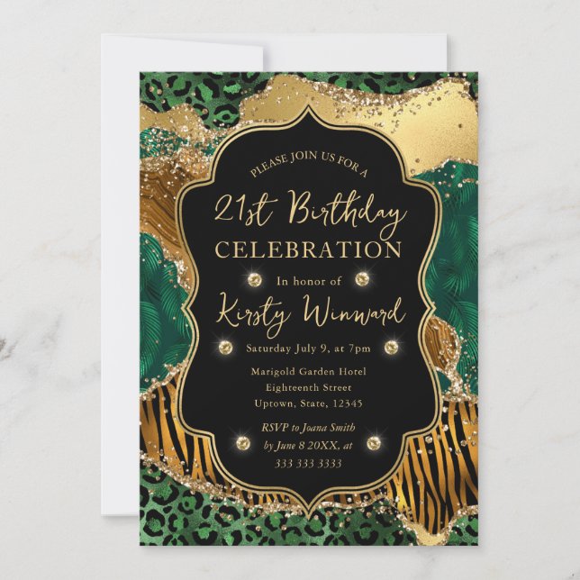 Grön djungelsafari Glitter Agate 21-årsdag Inbjudningar (Framsida)