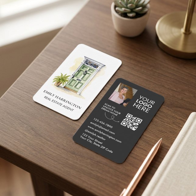 Grön dörr Akvarell QR-kod Fastighetsmäklare Visitkort (Skapare uppladdad)