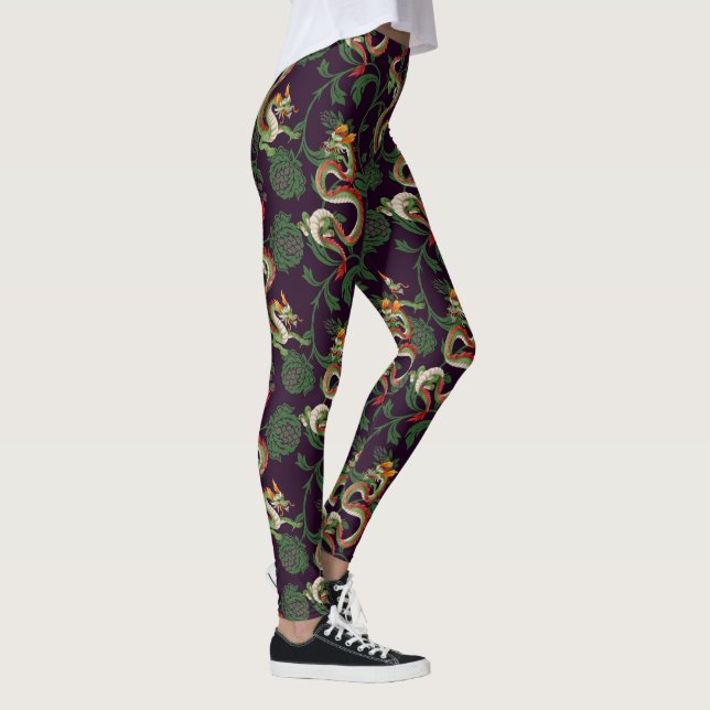 Grön Dragon Och Blommor Leggings (Höger)