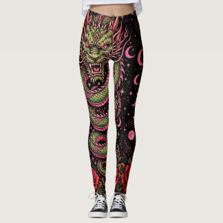 Grön Drak, Röd Ros Tatuering, Vild Fantasi Leggings