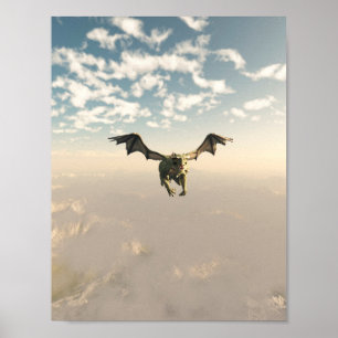 Grön drake som flyger över bergen poster